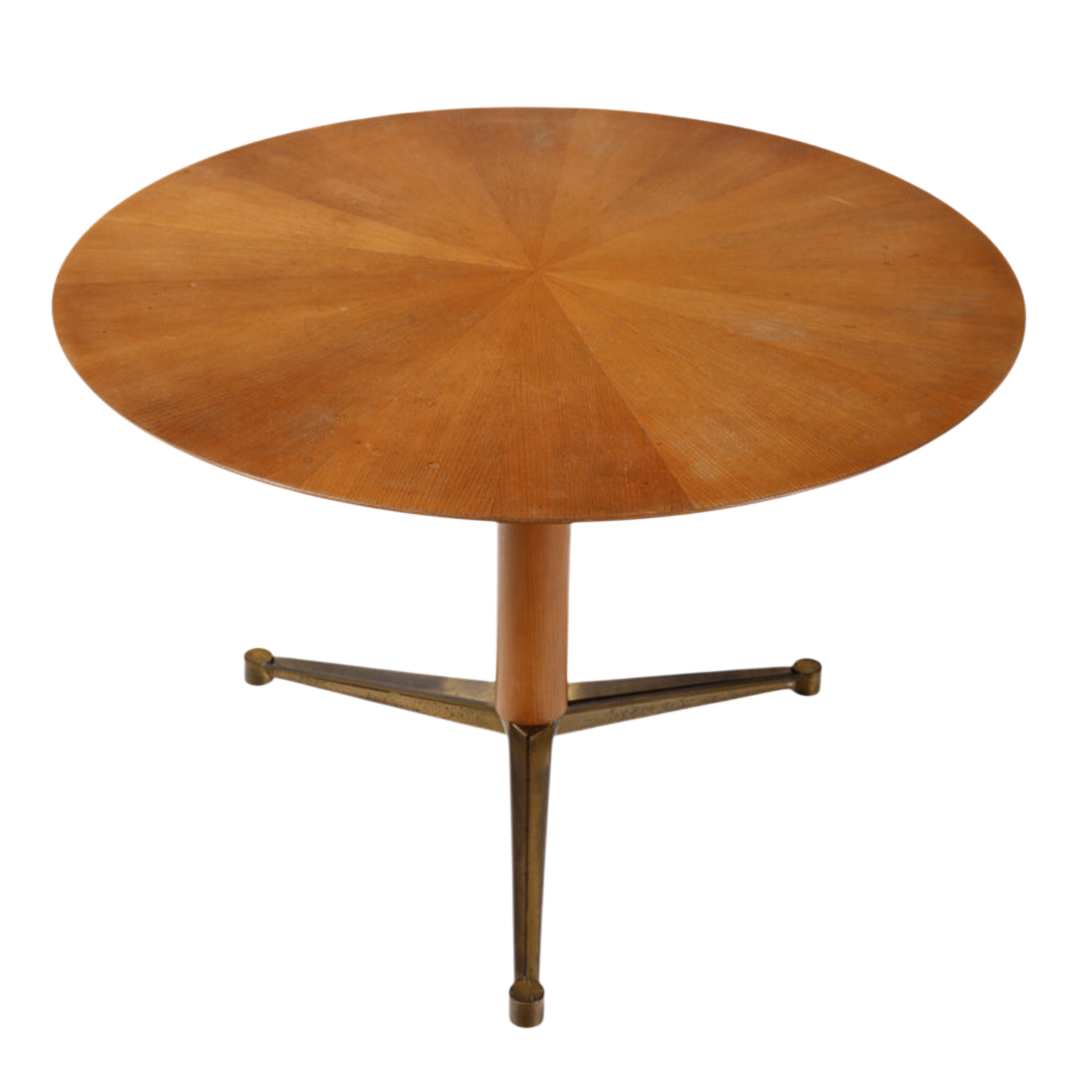 1950s Italian : sunburst top walnut and brass 45" center table