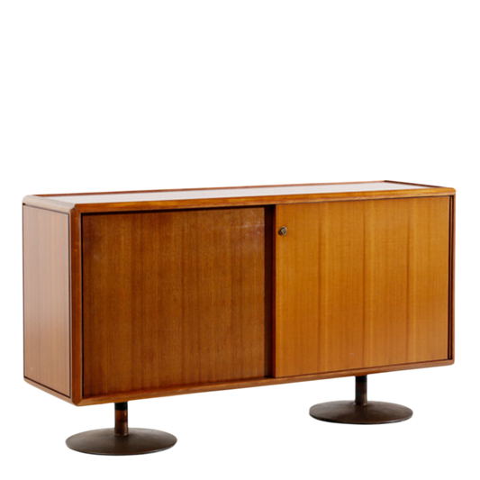 1960s Schirolli : 2-door teakwood and pedestal steel sideboard