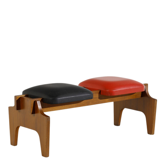 1960s Italian : sculptural 2-seat rosewood & leatherette bench