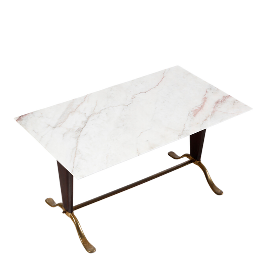 1950s Italian : Rosa Aurora marble, mahogany & brass side tables