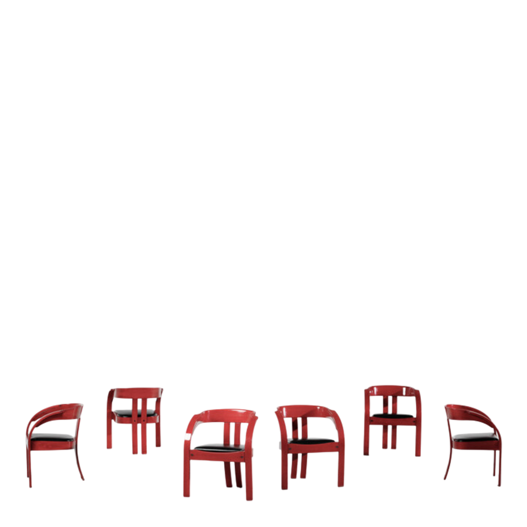 1970s Giovanni Battista Bassi : six red "Elisa" dining chairs, Poltronova