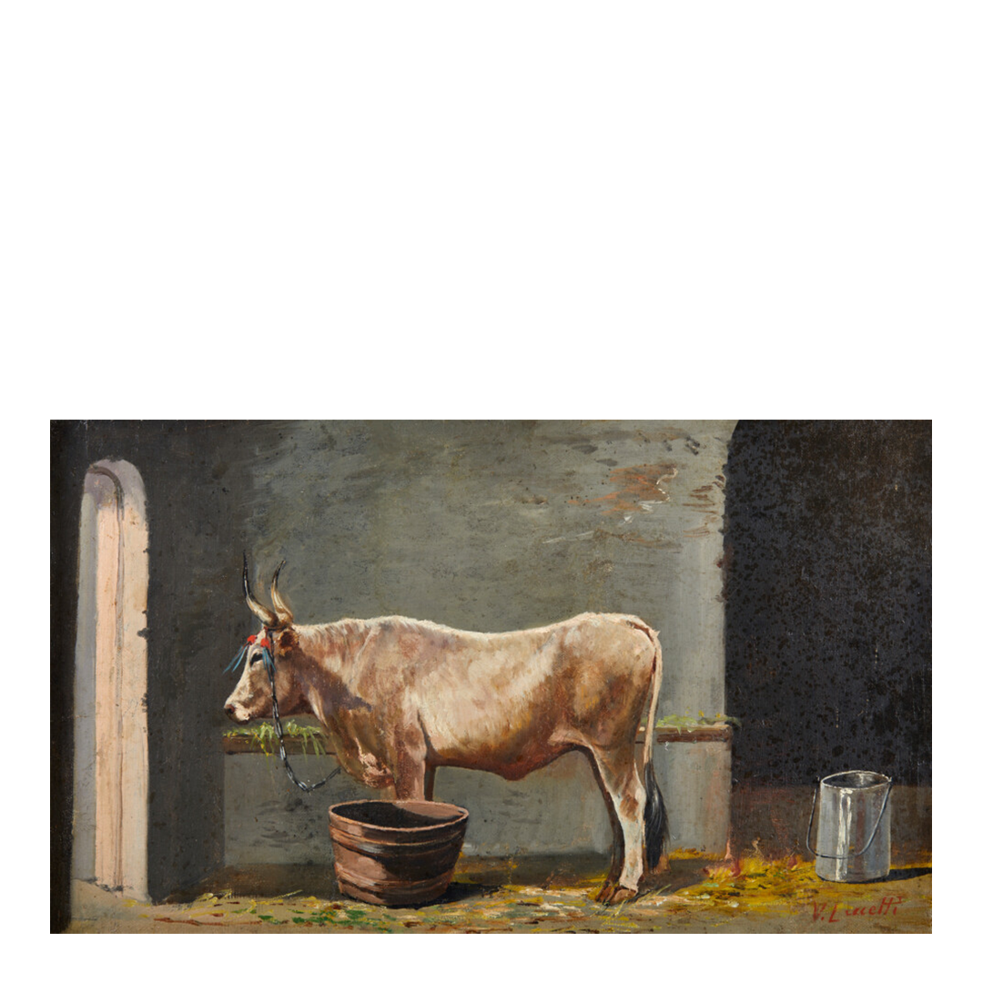 19thc Valerio Laccetti : Ox in the Stable o/c, Italy