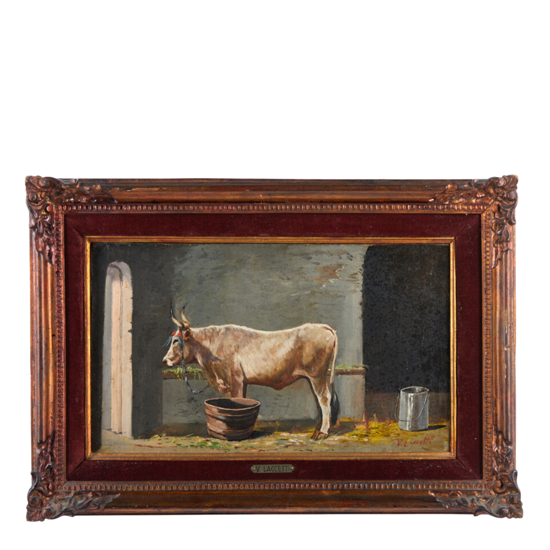 19thc Valerio Laccetti : Ox in the Stable o/c, Italy