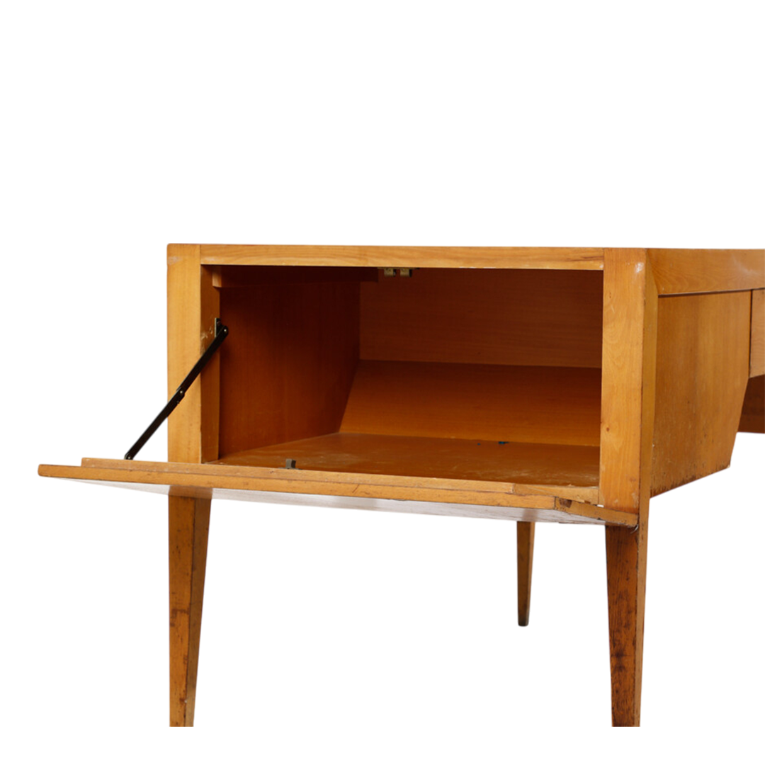 1950s Italian : bright chestnut extendable desk with drop down cabinet