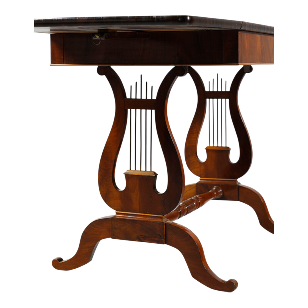 19thc Italian : various inlaid wood game table w/lyre base