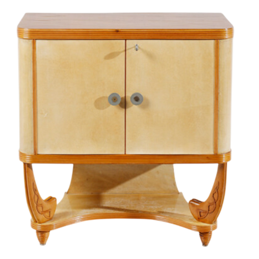 1940s Italian : diminutive 36" Milanese parchment clad cabinet
