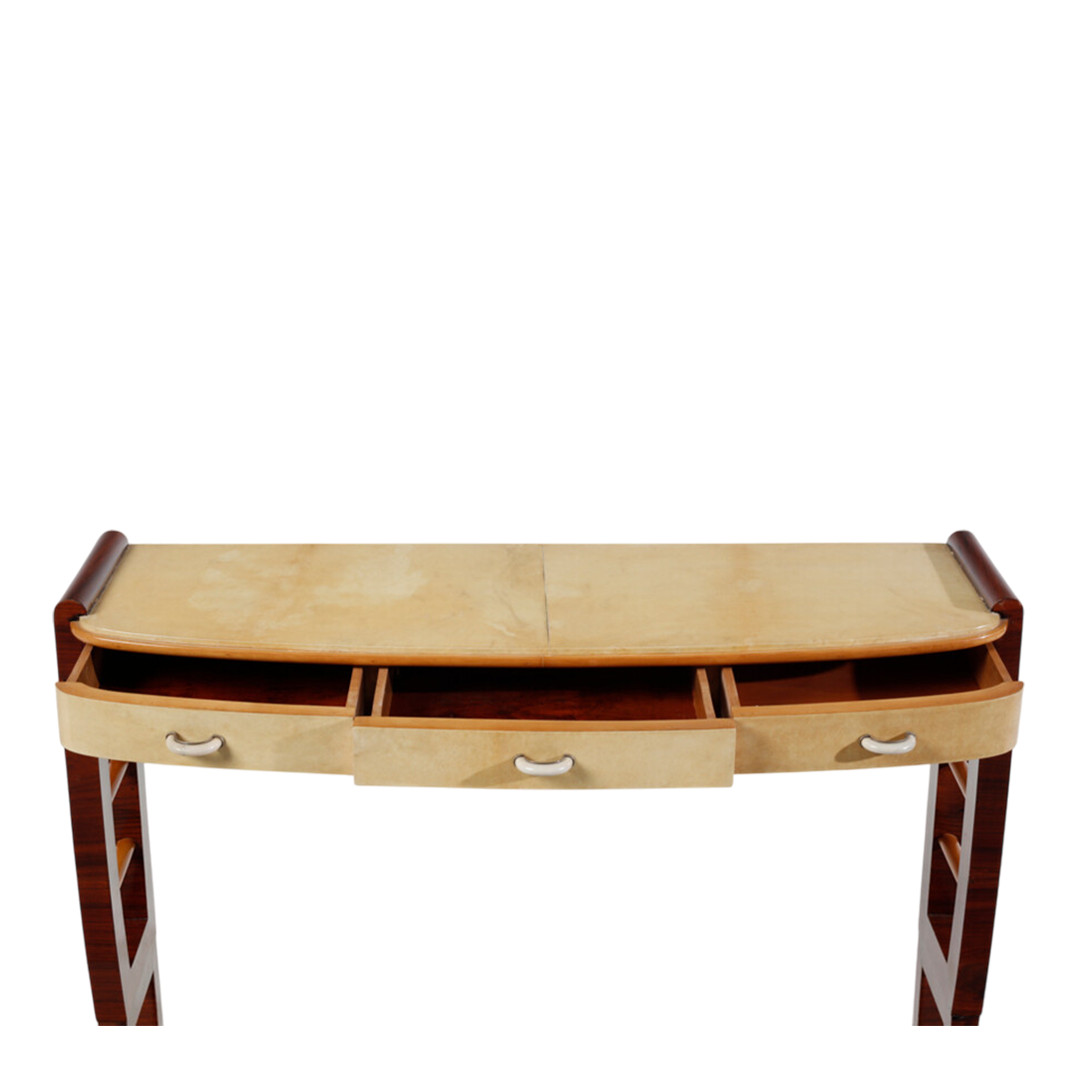late 1930s Italian : luxury 48" parchment console with maplewalnut