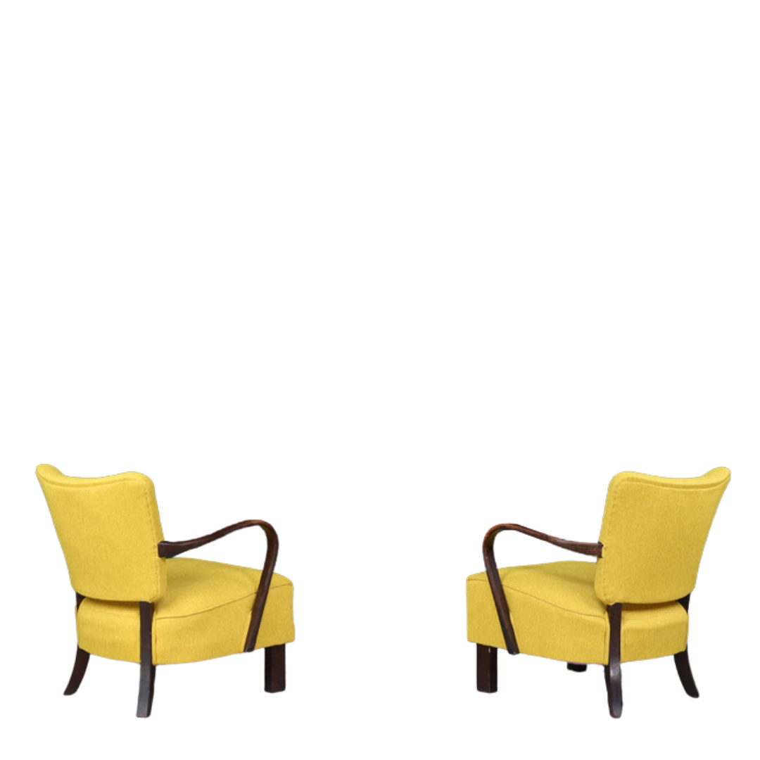 1930s Jindřich Halabala : Model H-237 bentwood armchair in yellow wool, pair