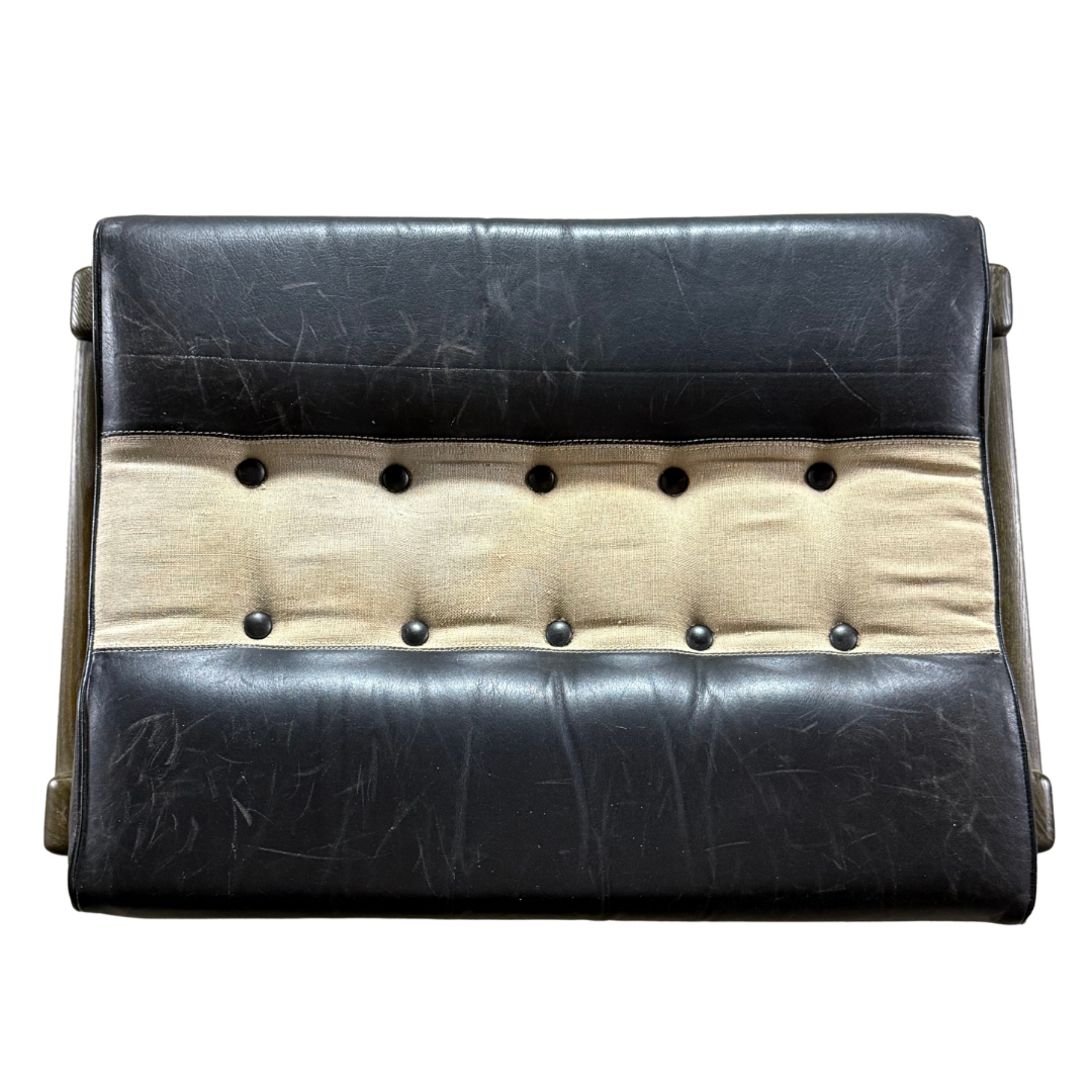 Post Modern : black leather and canvas stool/ottoman, American