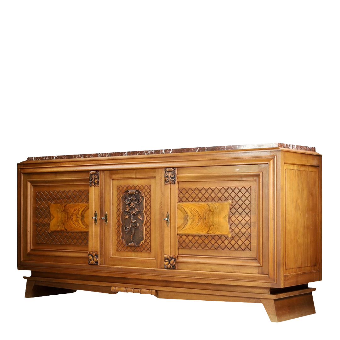 1940s French : elaborate walnut 75" sideboard w/blackened wood top