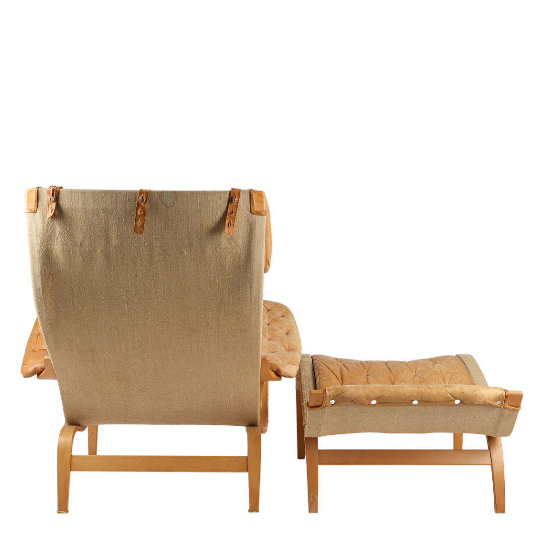 1970s Bruno Mathsson : light cognac leather "Pernilla" lounge chair + ottoman