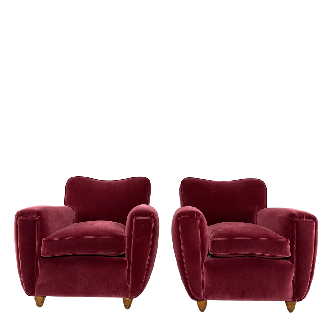 1940s Italian : pair classic velvet modernist club chairs