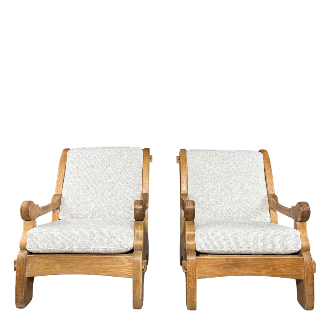 1970s French : pair of solid oakwood brutalist lounge chairs