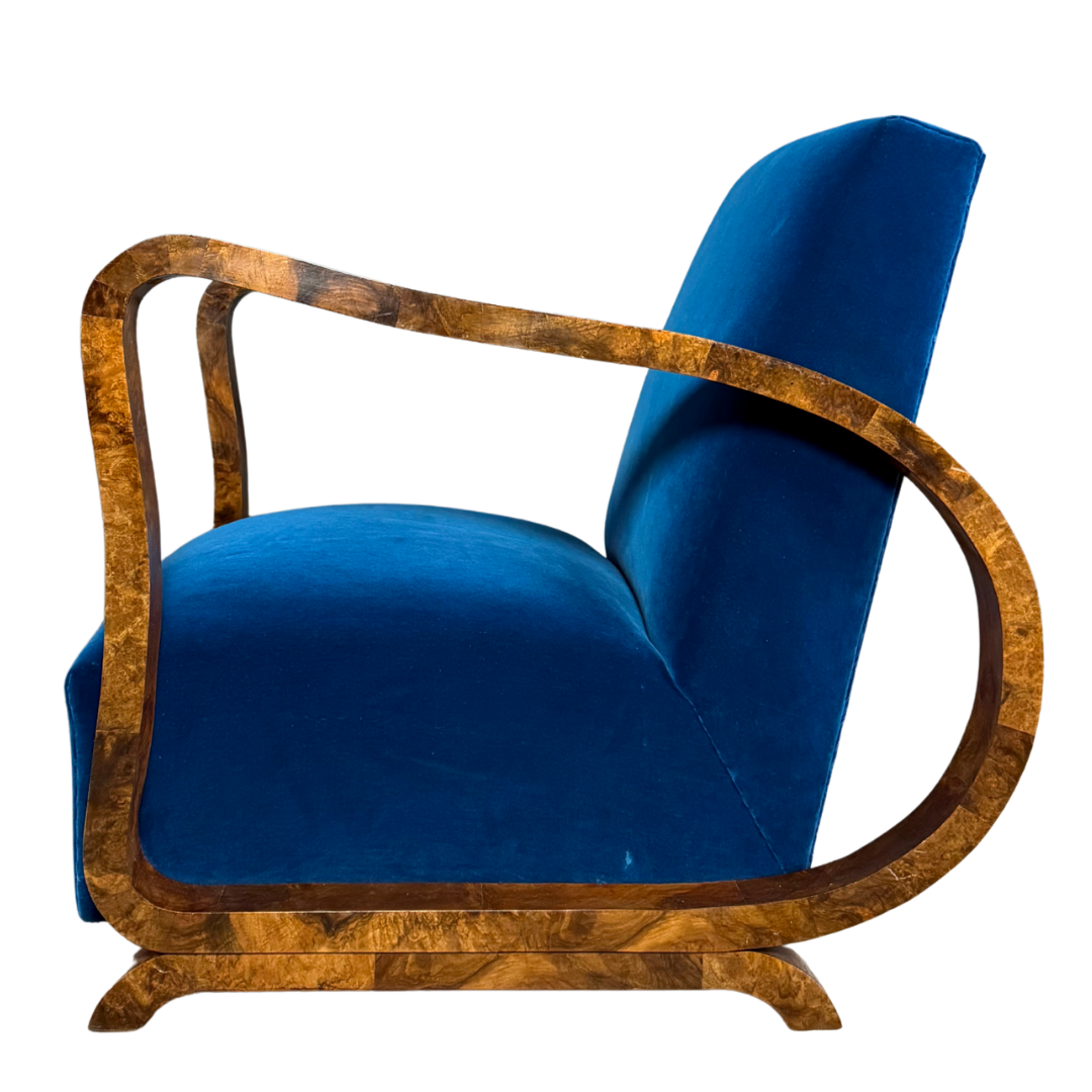 1930s European : pair figural burl walnut Art Deco armchairs