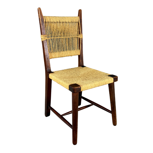 1950s French : set four woven hemp tall-back dining chairs