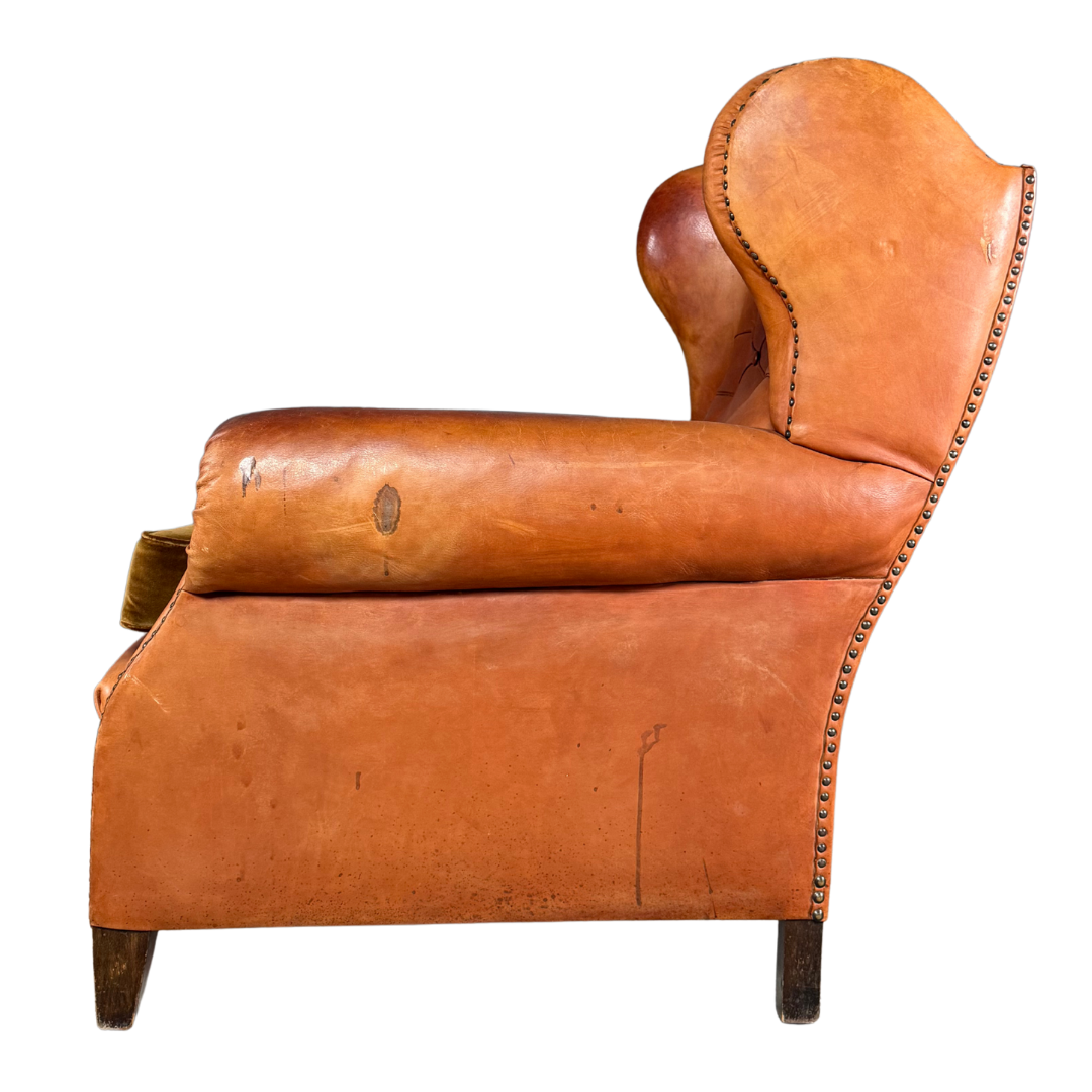 1950 Danish : cognac leather English style wingback clubchair