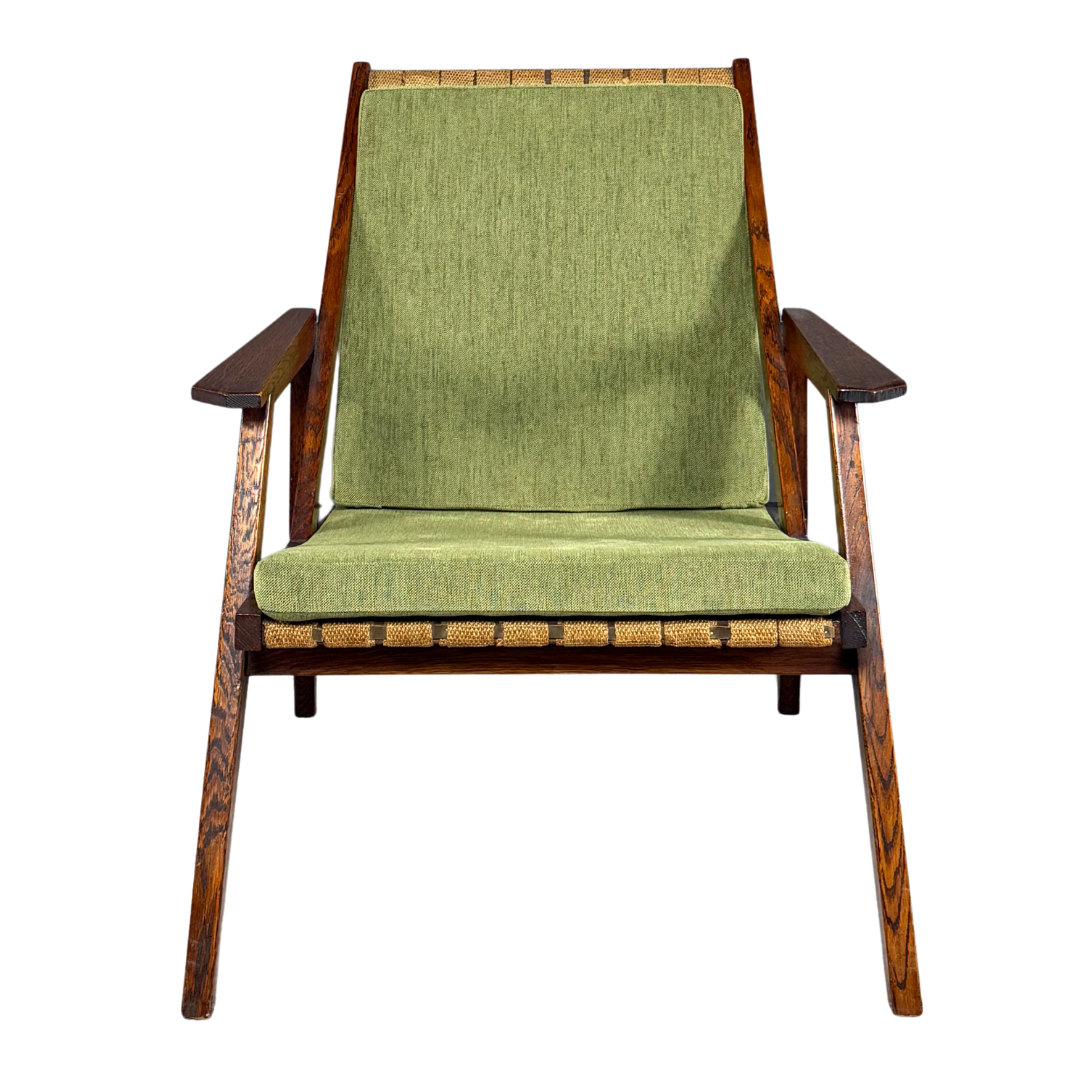 1950s Miroslav Navrátil : dark-stained oakwood armchair, linen straps