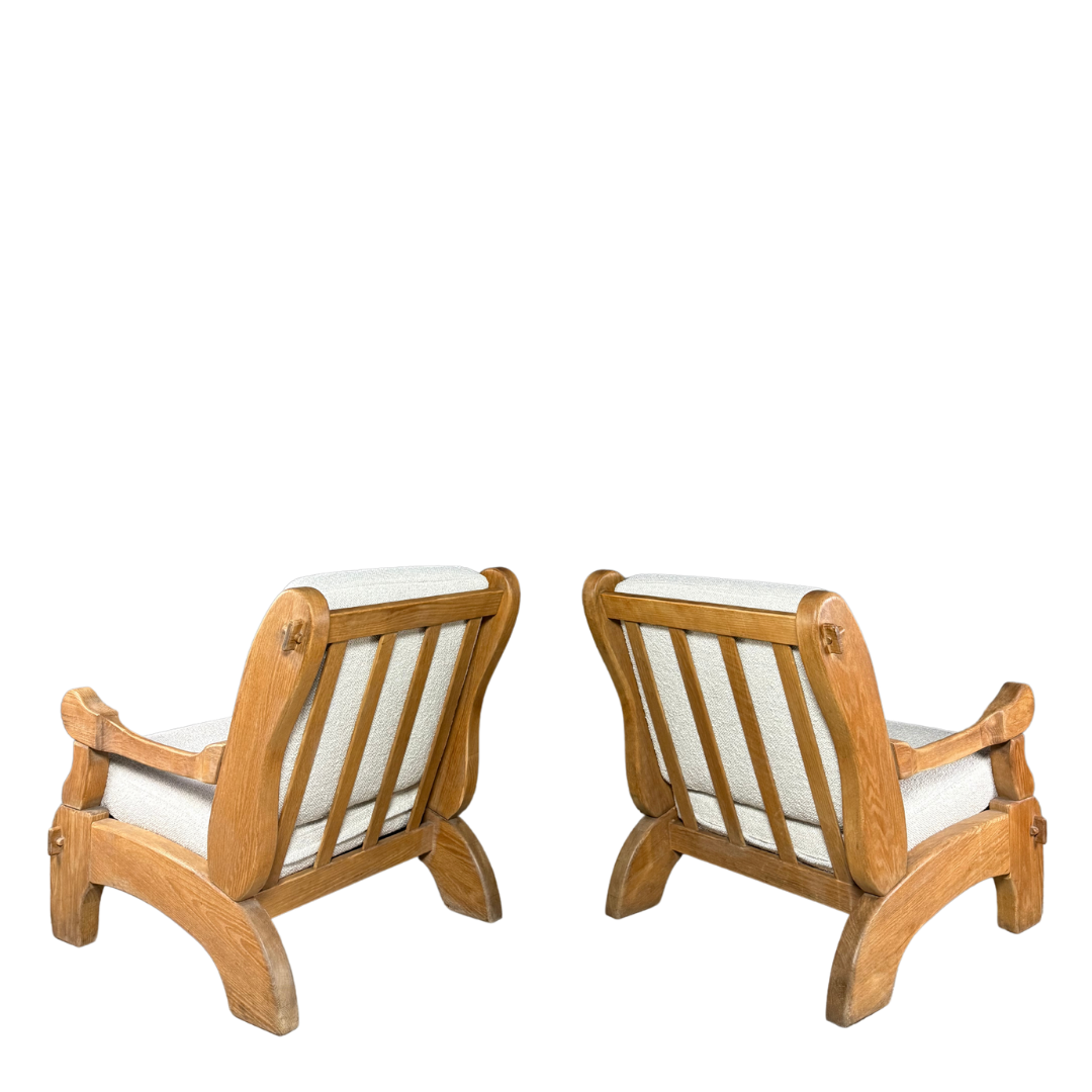 1970s French : pair of solid oakwood brutalist lounge chairs