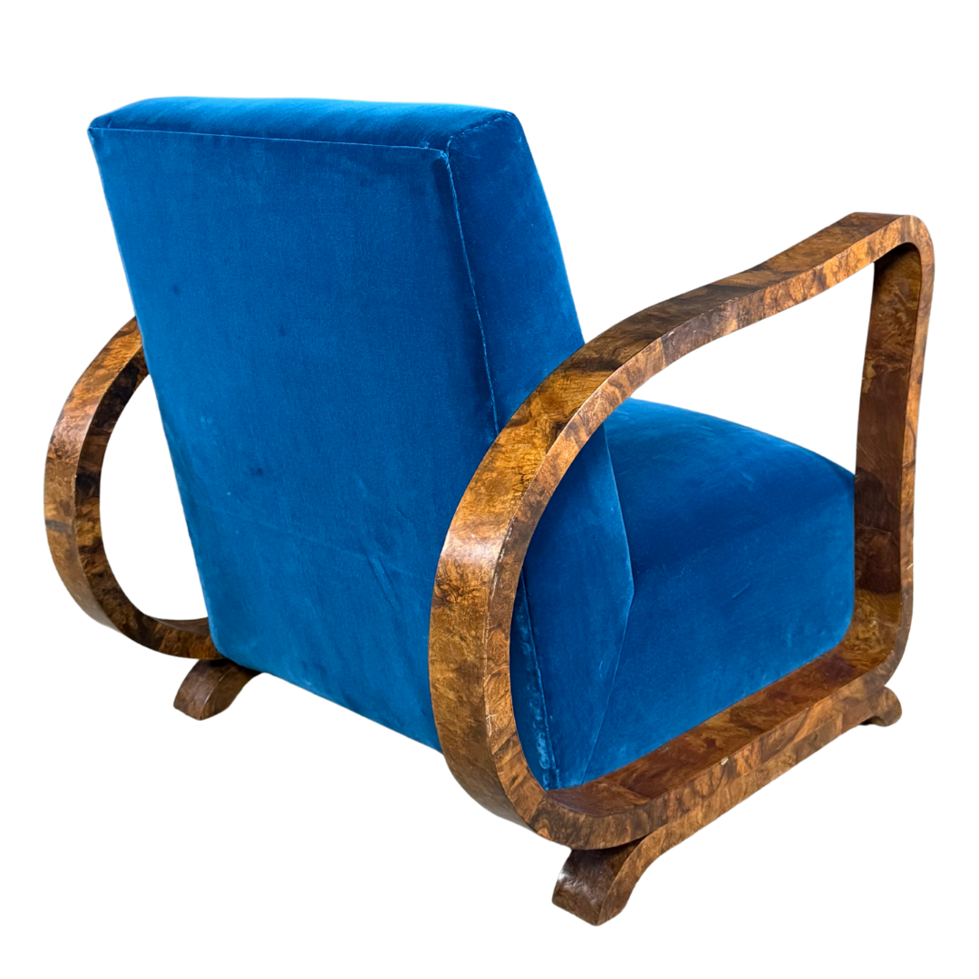 1930s European : pair figural burl walnut Art Deco armchairs