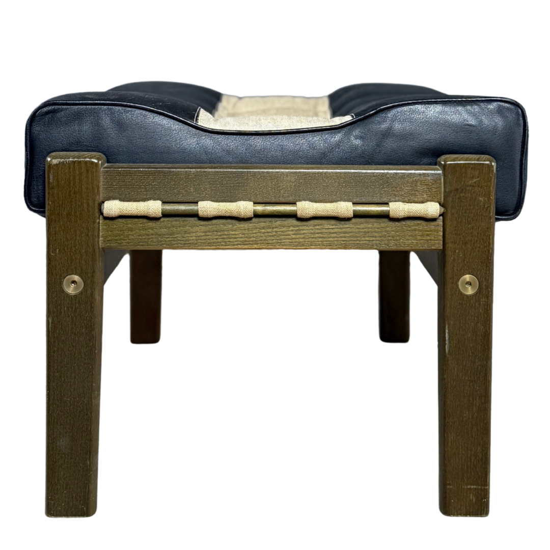 Post Modern : black leather and canvas stool/ottoman, American