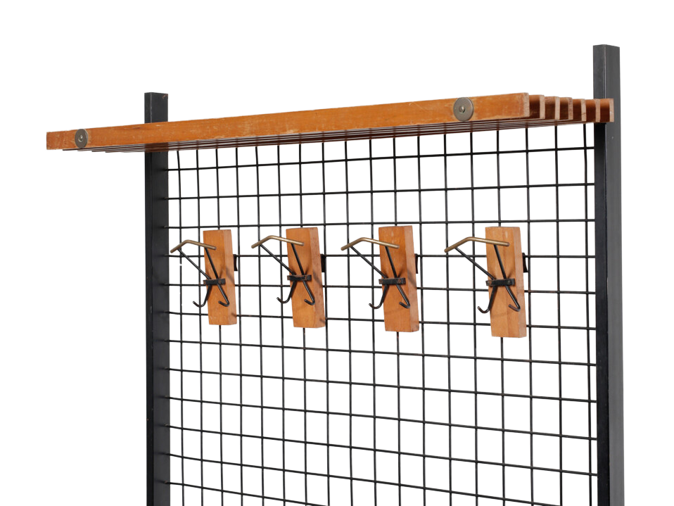 1960 Italian : solid teakwood & iron 75" entrance bench w/coat rack