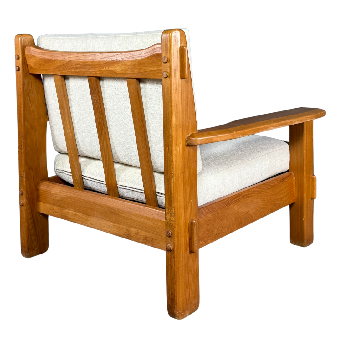 1970s French : solid oakwood lounge chair, visible joinery, new upholstery