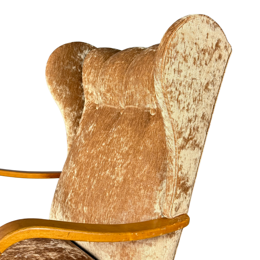 1950s Swedish : gold velvet tall back bergère armchair