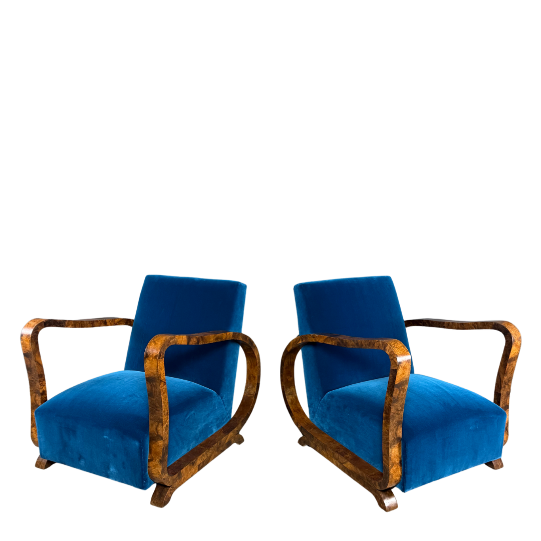 1930s European : pair figural burl walnut Art Deco armchairs