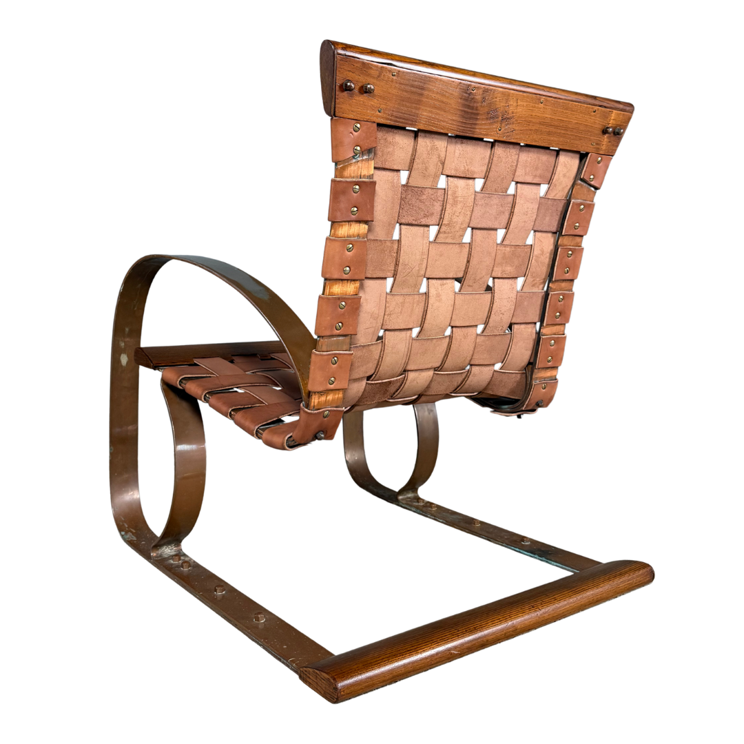 1980s Post Modern : steel, leather and wood cantilever spring chair