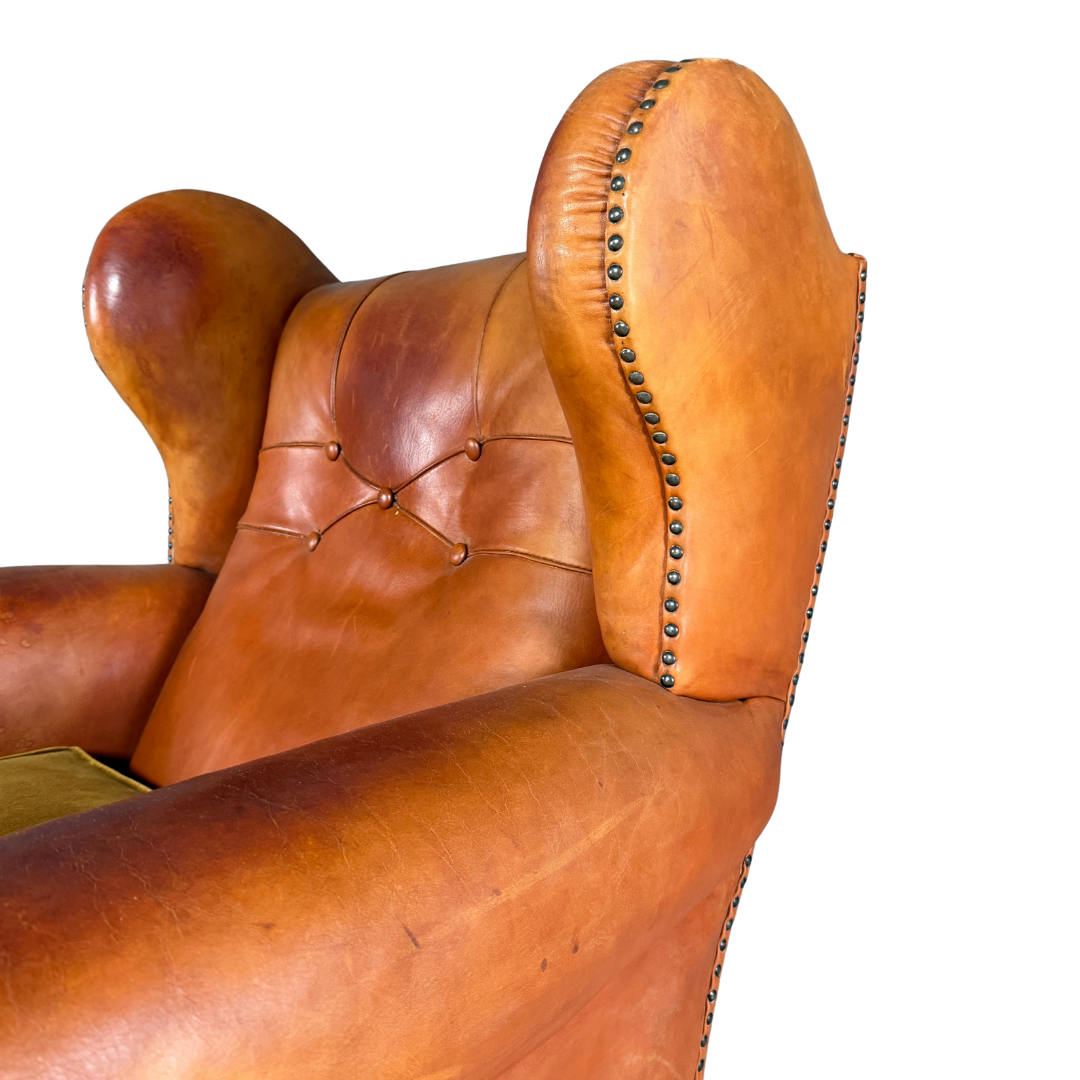 1950 Danish : cognac leather English style wingback clubchair