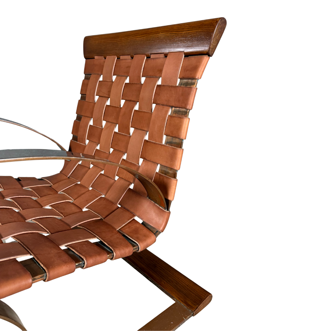1980s Post Modern : steel, leather and wood cantilever spring chair