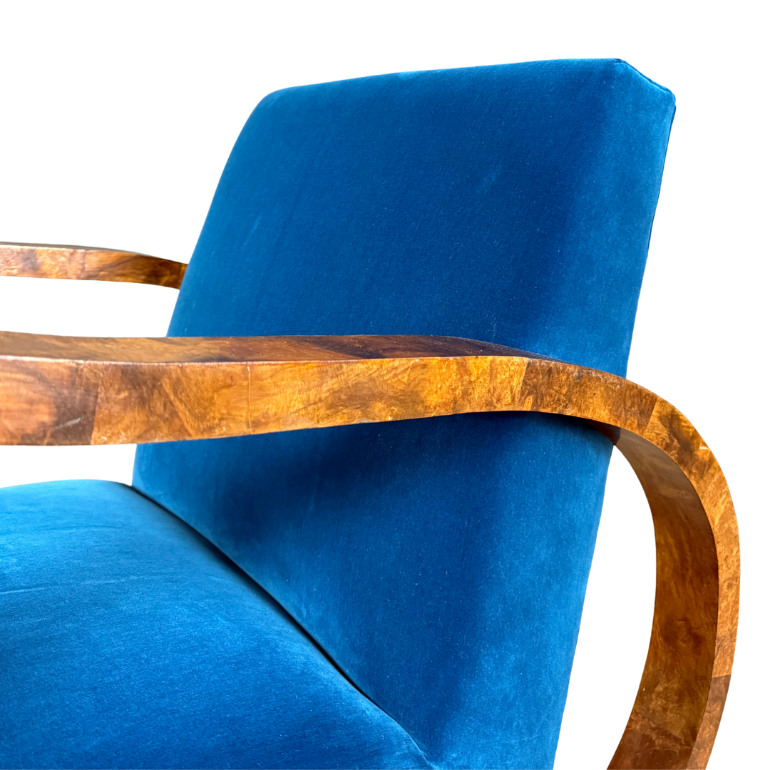 1930s European : pair figural burl walnut Art Deco armchairs
