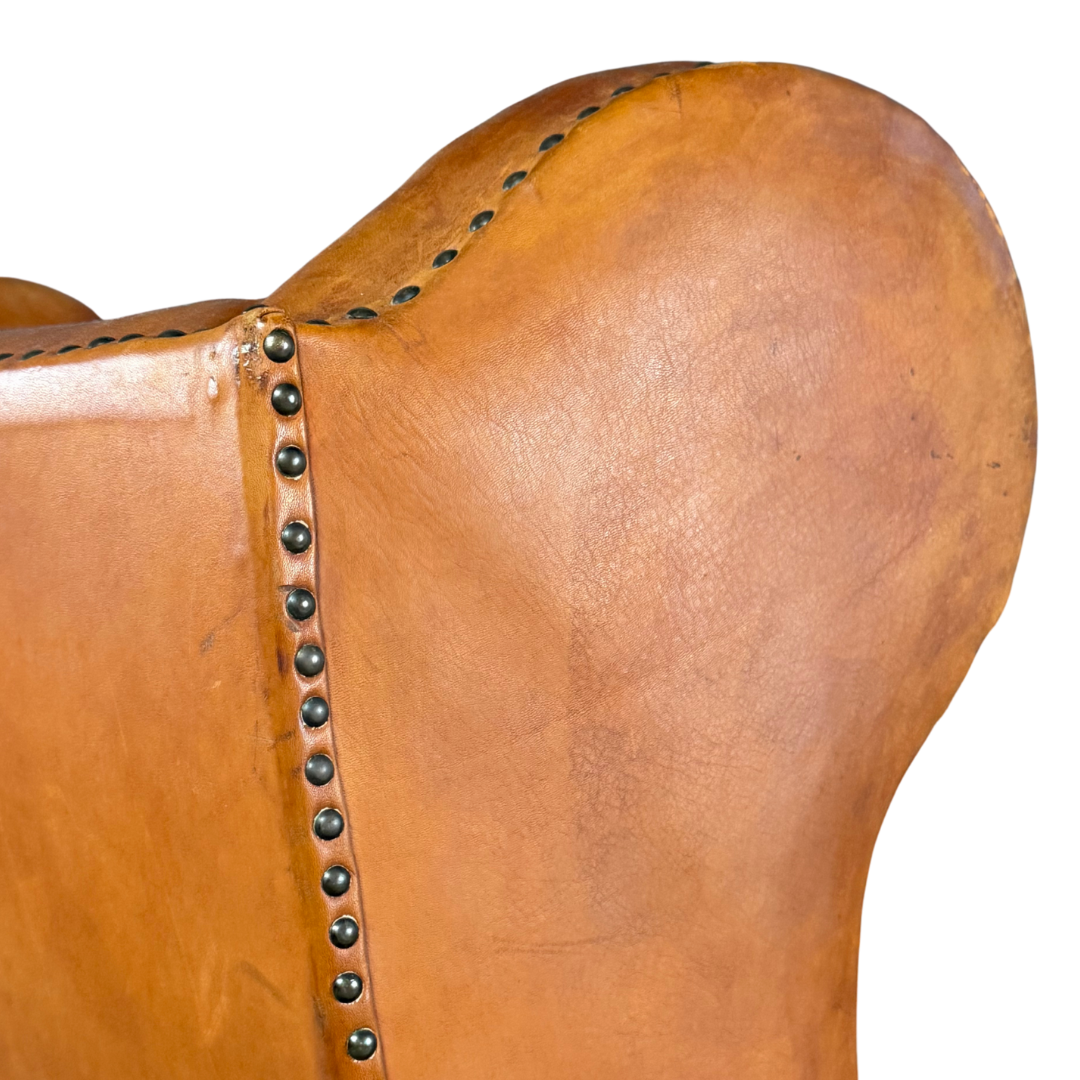 1950 Danish : cognac leather English style wingback clubchair
