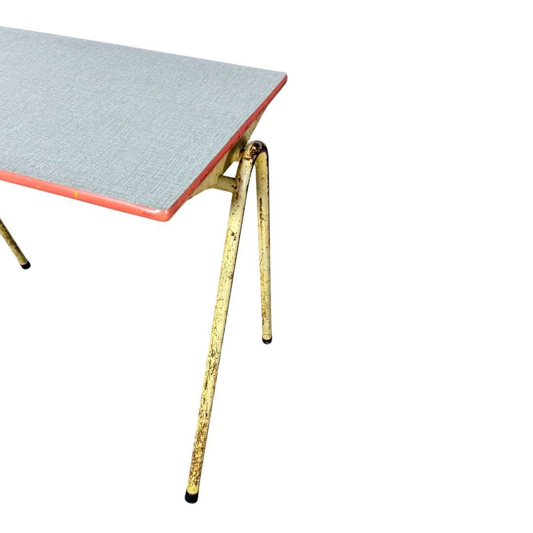 1950s French : pair small formica and lacquered steel school tables