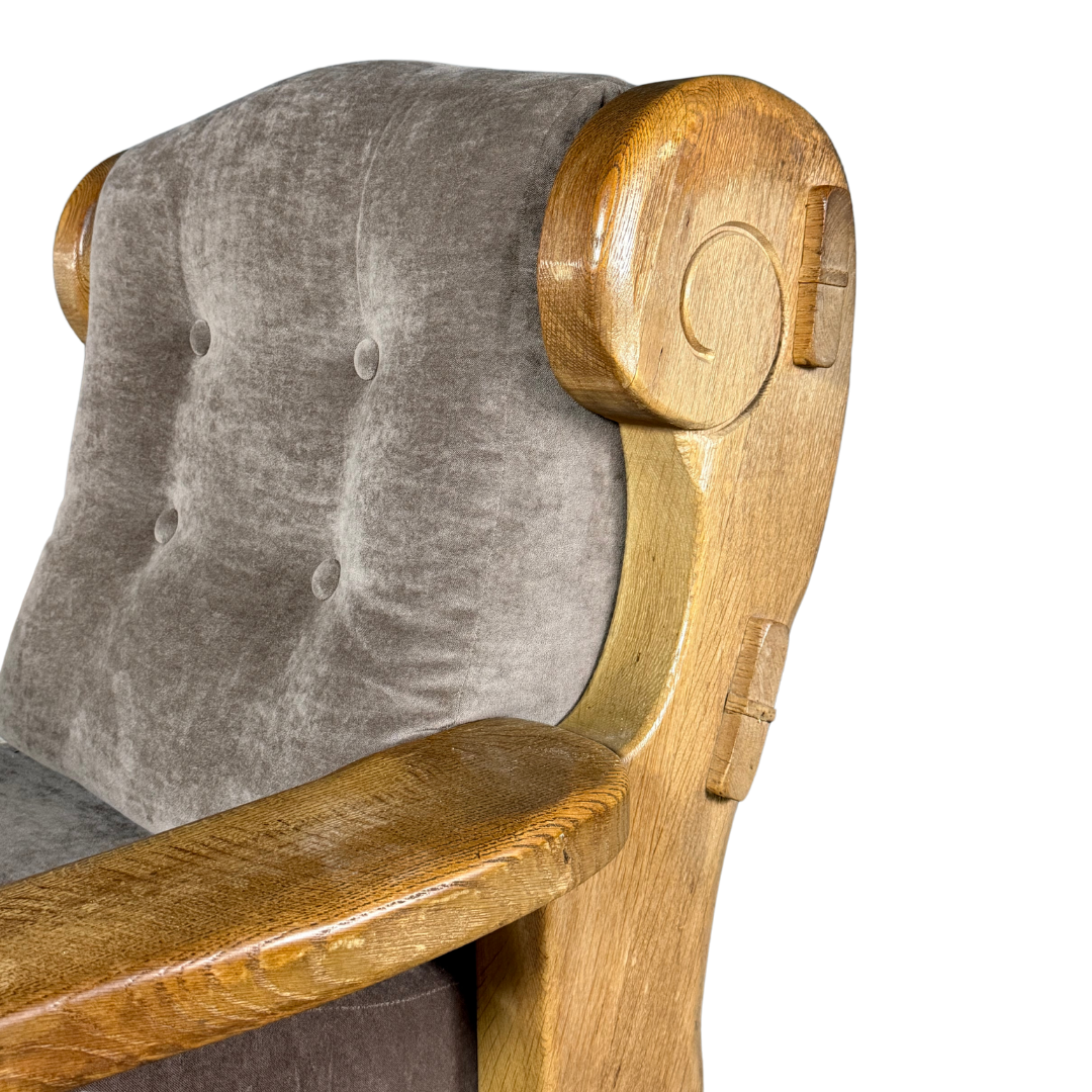 1970s French : pair large brutalist oakwood lounge chairs