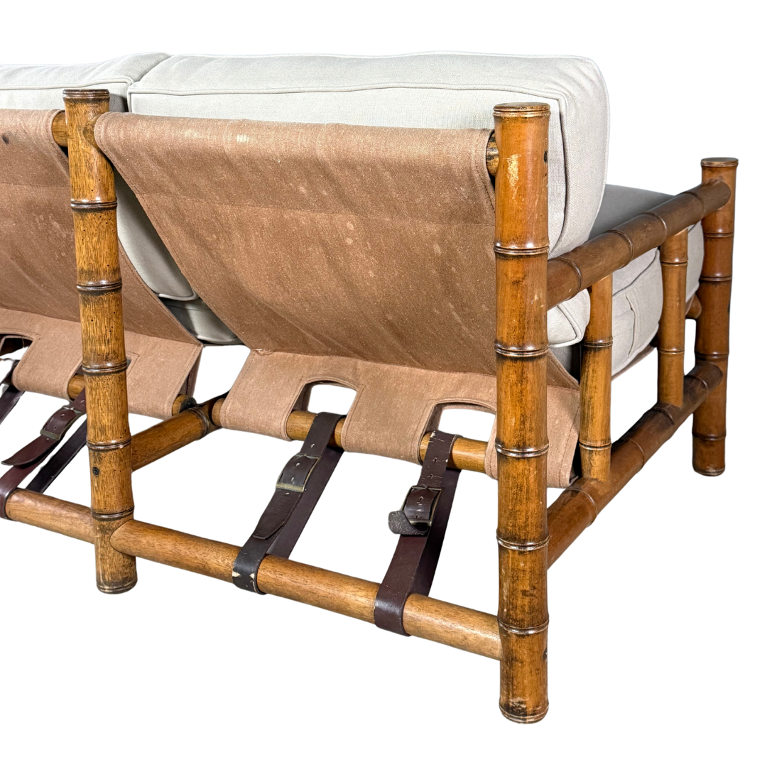 1970s Italian : faux bamboo, canvas sling 3-seat safari sofa