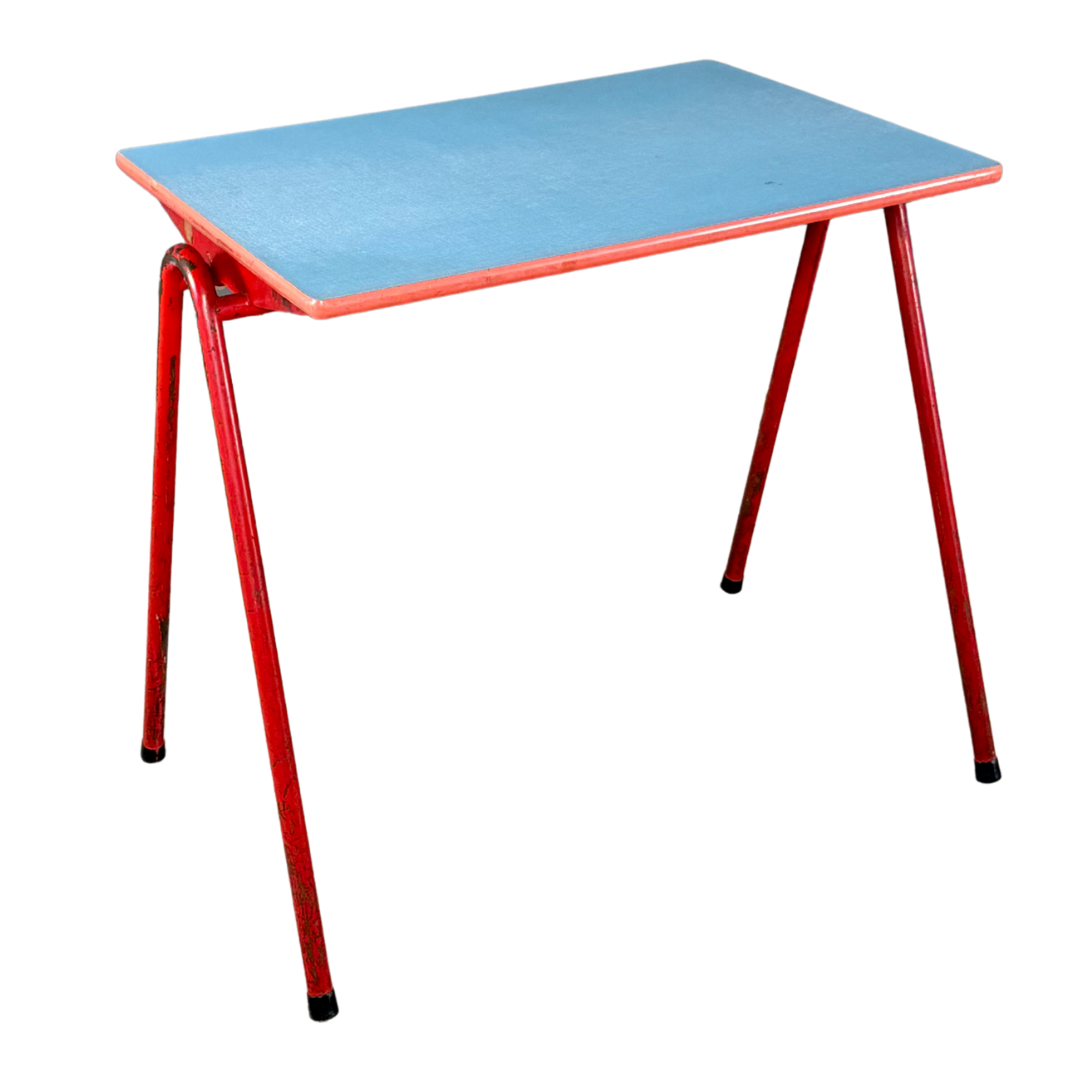 1950s French : pair small formica and lacquered steel school tables