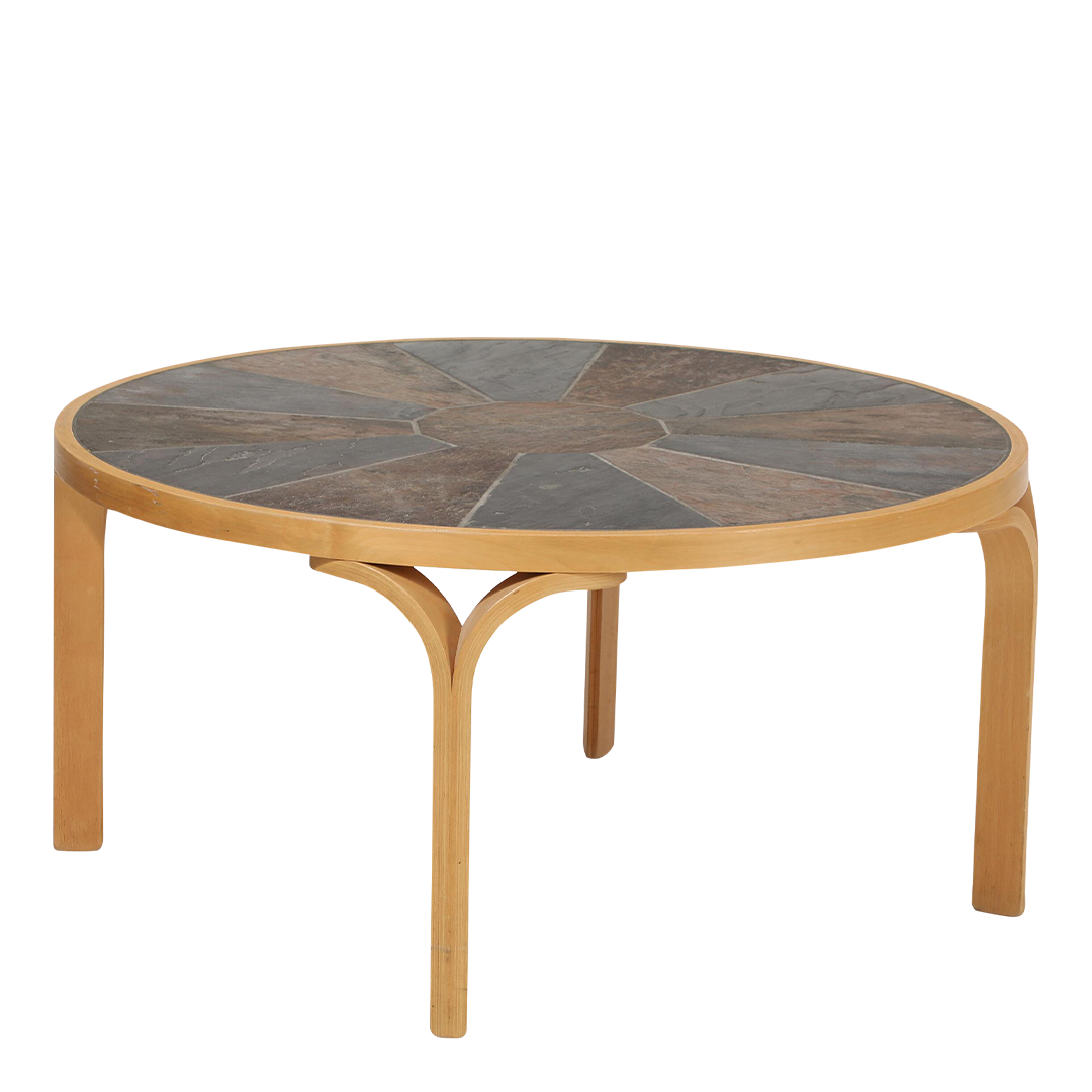 1970s Haslev Møbel : beechwood and patterned slate 43" coffee table