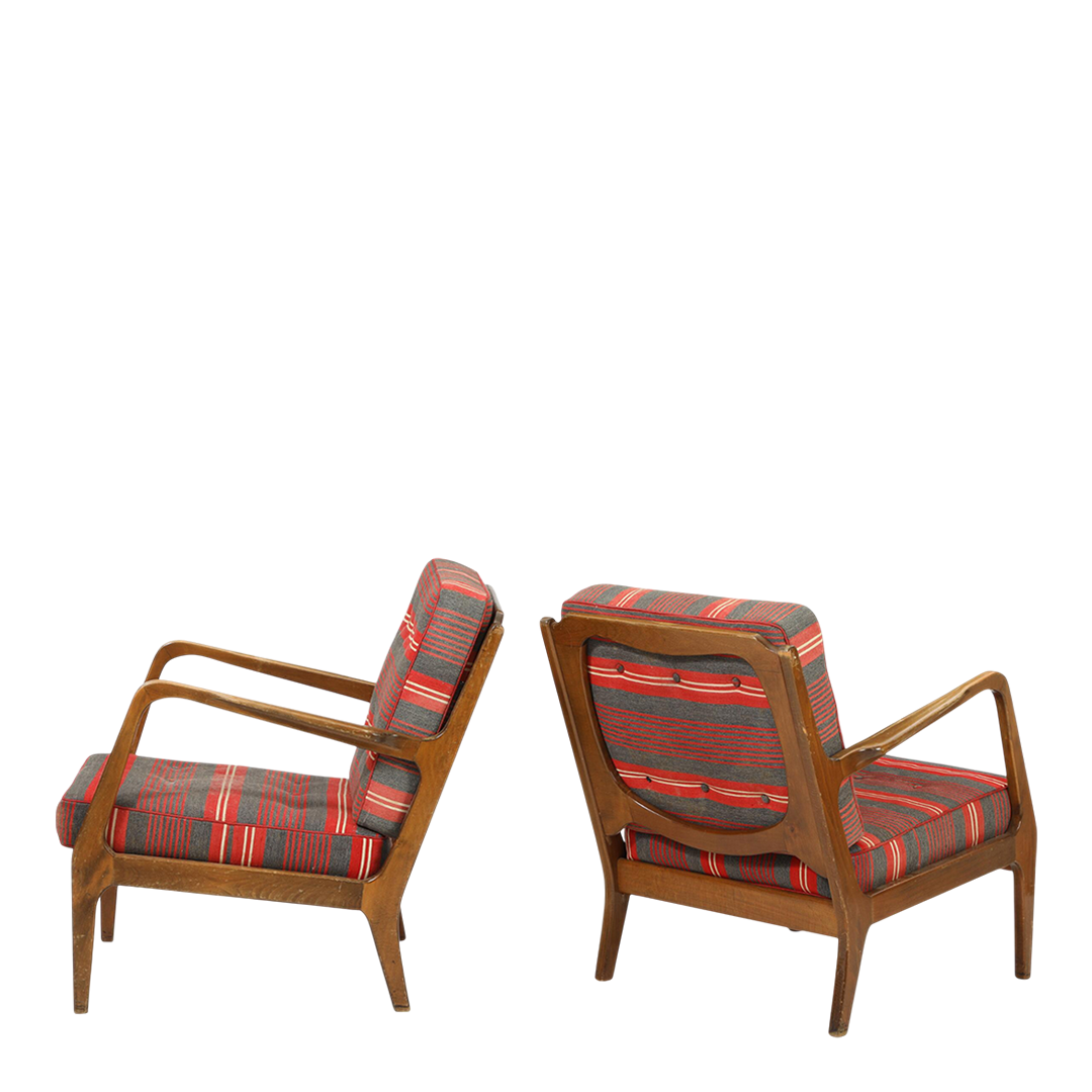 1950s Danish Design : solid beechwood armchair with red/gray striped fabric