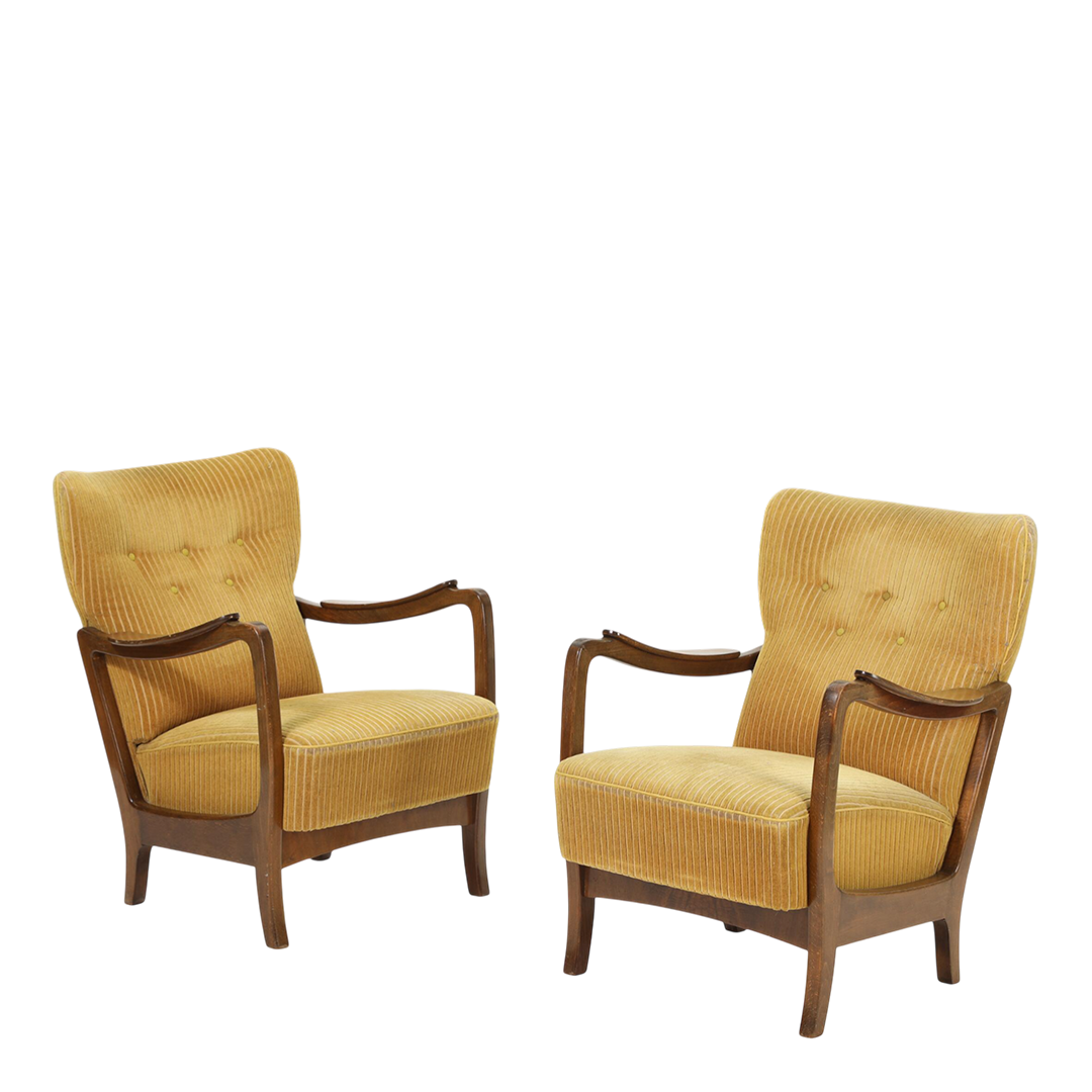 1950s Czech : pair beechwood and golden corduroy easy chairs