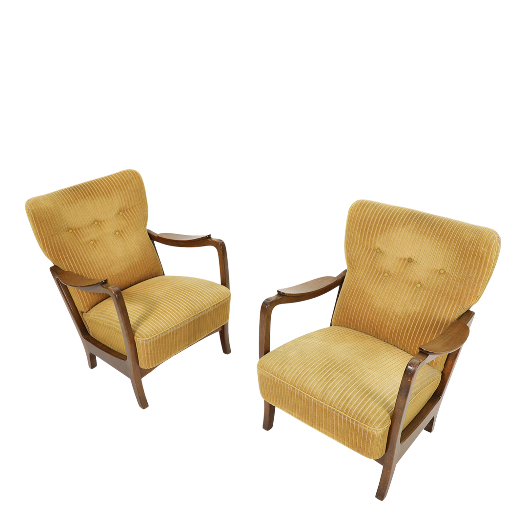 1950s Czech : pair beechwood and golden corduroy easy chairs