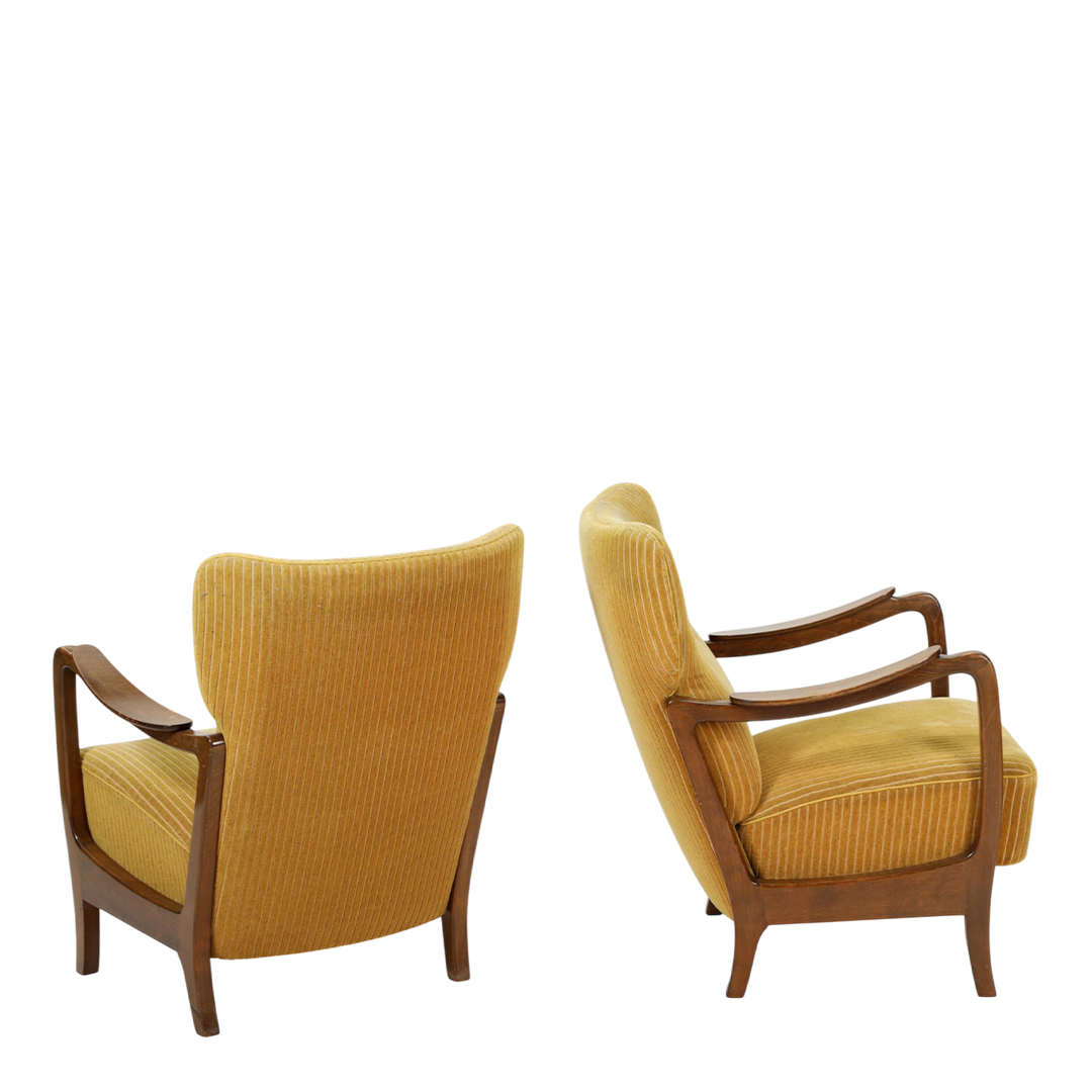 1950s Czech : pair beechwood and golden corduroy easy chairs