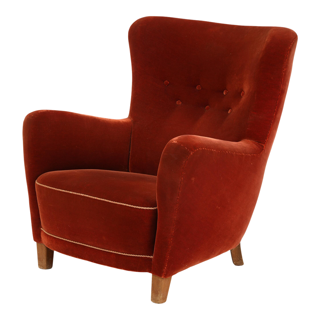 1940s Danish : classic easy chair in red/orange mohair