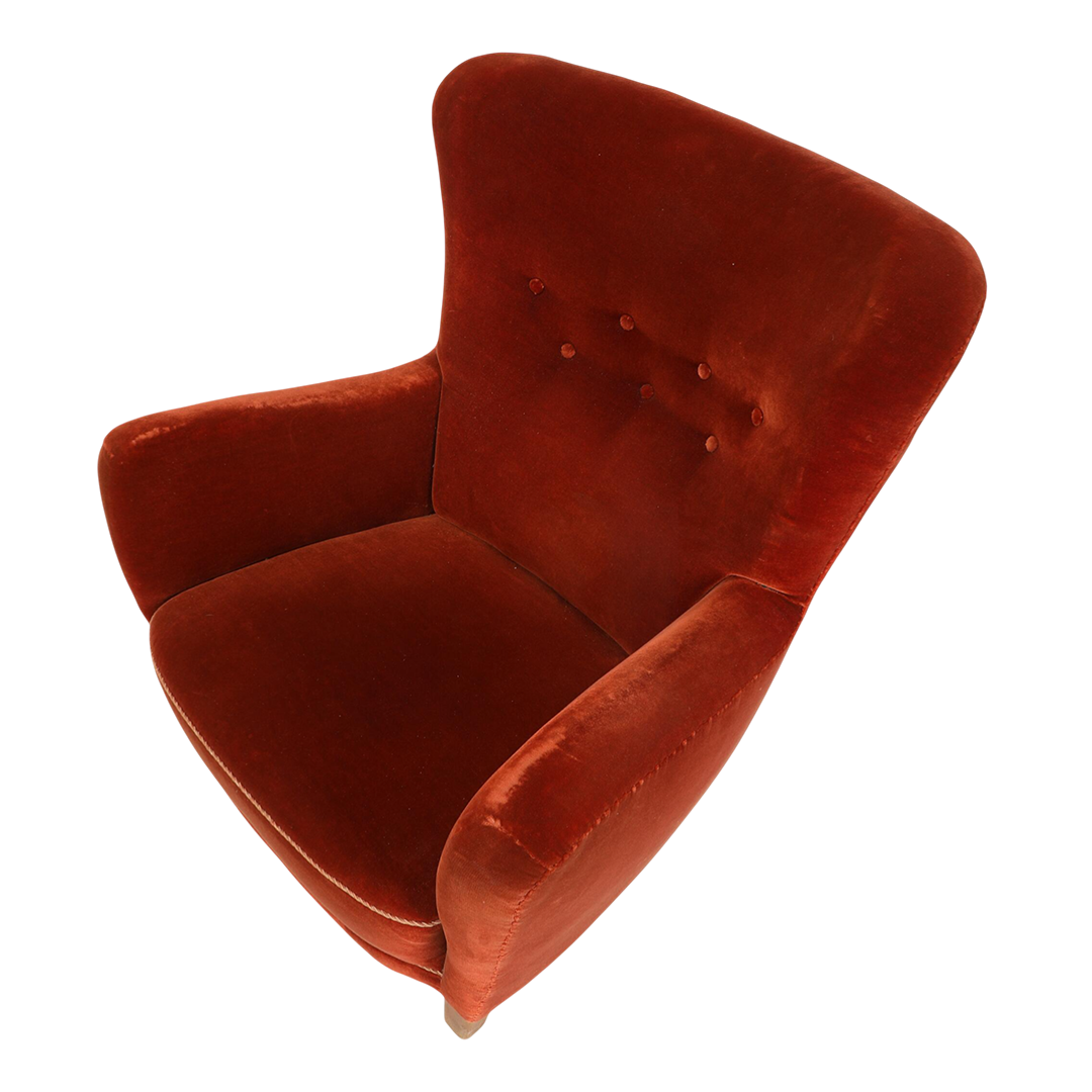 1940s Danish : classic easy chair in red/orange mohair