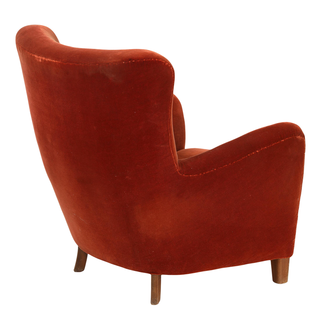 1940s Danish : classic easy chair in red/orange mohair