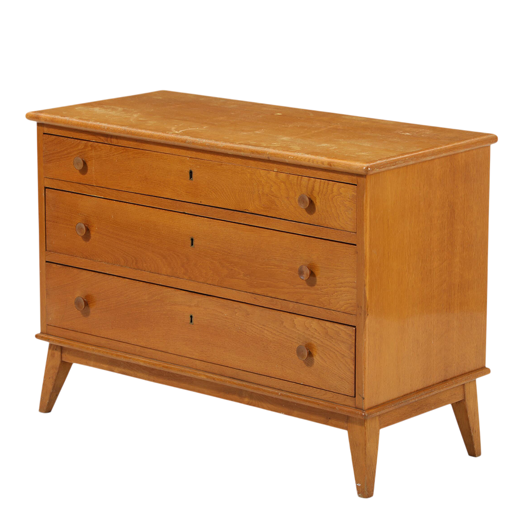 1940s Danish : three drawer oakwood chest, round knobs