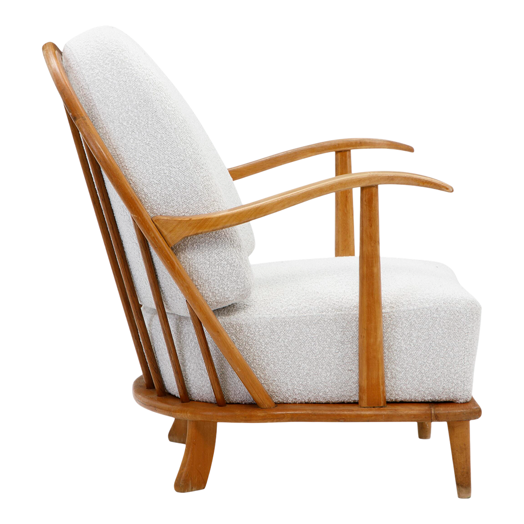 1940s Danish : low armchair with curved spindle back & boucle'