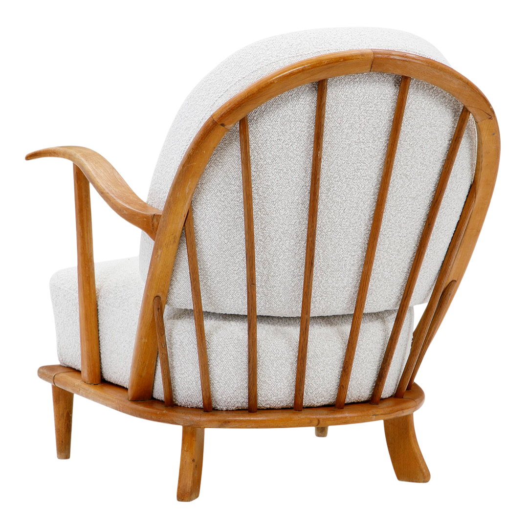 1940s Danish : low armchair with curved spindle back & boucle'