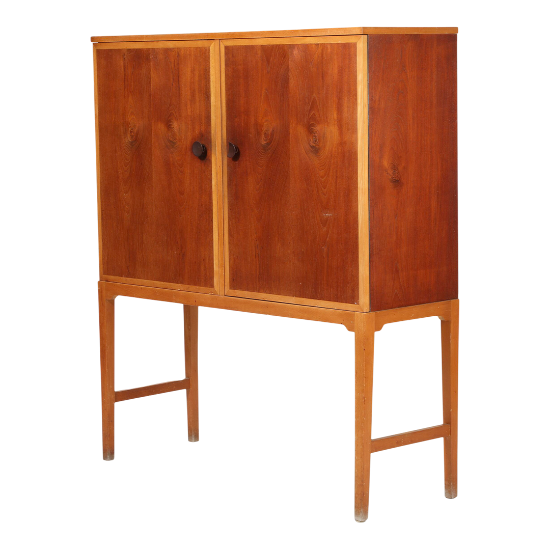 1960s Verner Birksholm : beech & teak 55" tall cabinet on stand