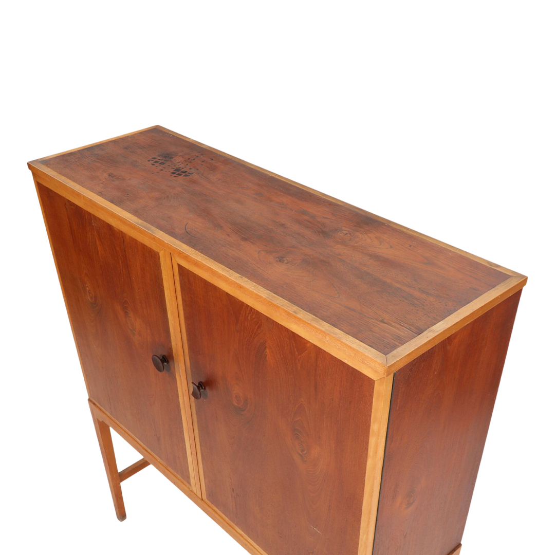 1960s Verner Birksholm : beech & teak 55" tall cabinet on stand